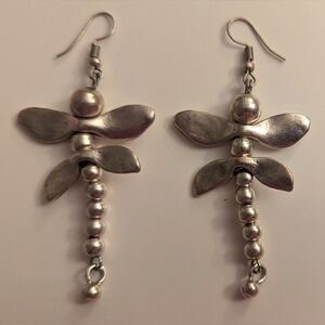 Handmade Dragonfly Pewter Plated in 925 Silver Earrings. 2.75" Long